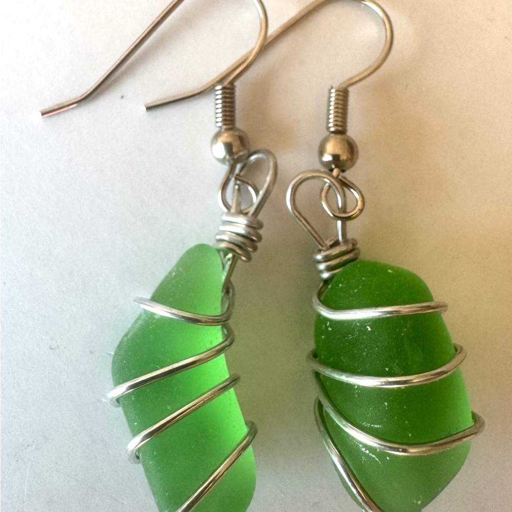 Silver Wrapped Green Sea Glass Earrings - Picture 3 of 4